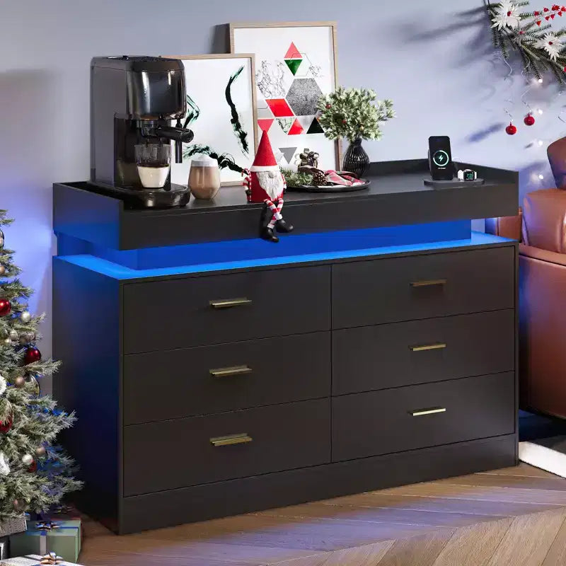 Mobiletto da Caffè a 6 Cassetti Nero / Rosa / Bianco con Luci LED e Stazione di Ricarica, Piano Fluttuante, Utente Singolo