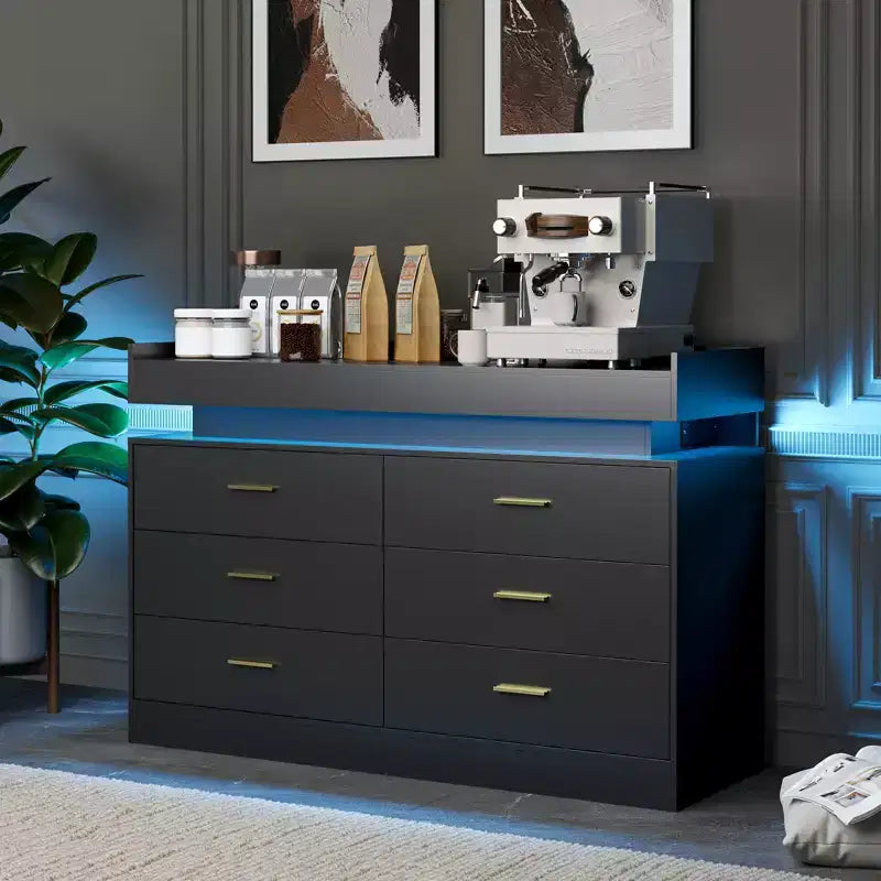 Mobiletto da Caffè a 6 Cassetti Nero / Rosa / Bianco con Luci LED e Stazione di Ricarica, Piano Fluttuante, Utente Singolo