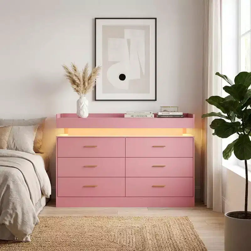 Mobiletto da Caffè a 6 Cassetti Nero / Rosa / Bianco con Luci LED e Stazione di Ricarica, Piano Fluttuante, Utente Singolo