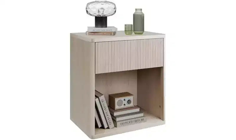 Comodino Marrone / Bianco con Scanalature, Cassetto e Ripiano Aperto, Montaggio per 1 Persona