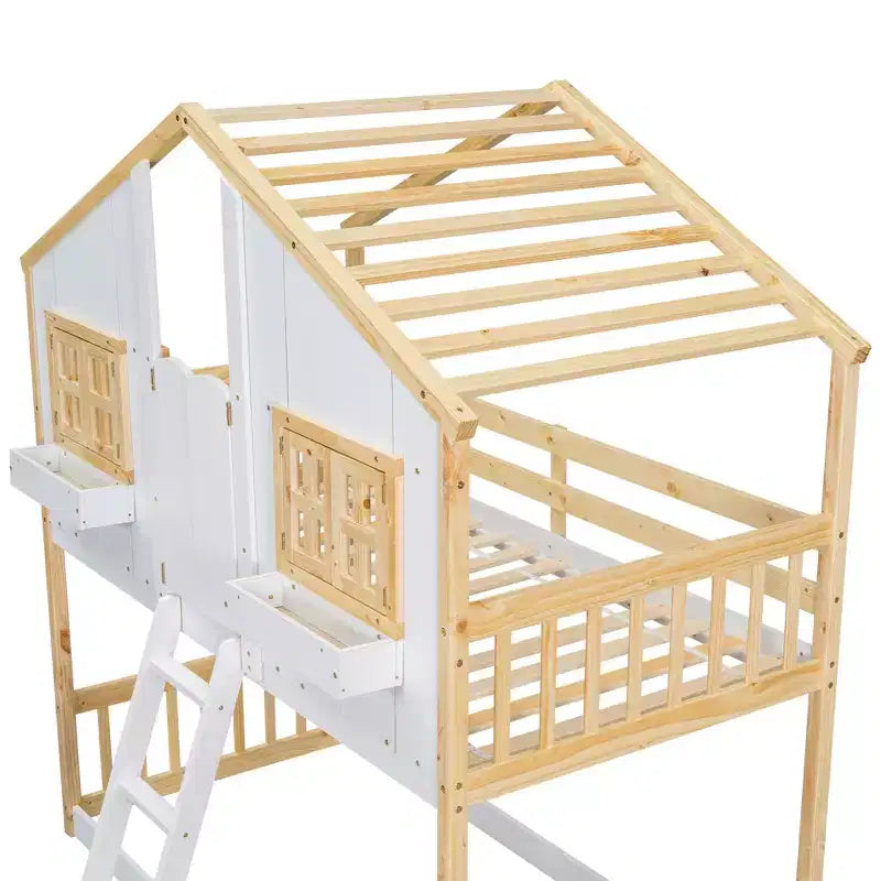 Letto a castello a casetta bianco doppio con finestre e porte, per 2 bambini