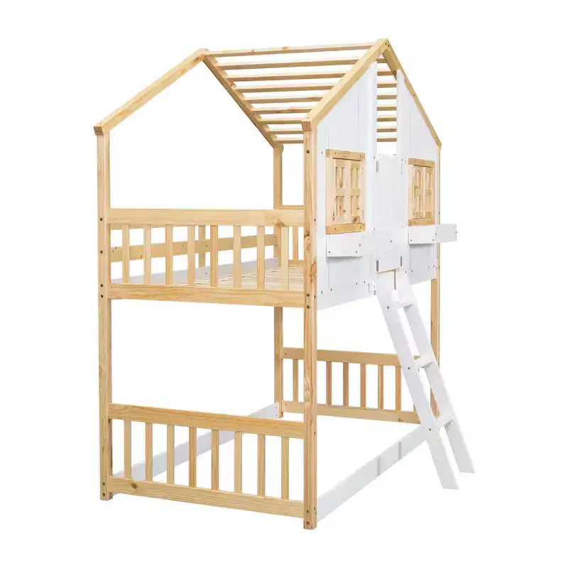 Letto a castello a casetta bianco doppio con finestre e porte, per 2 bambini