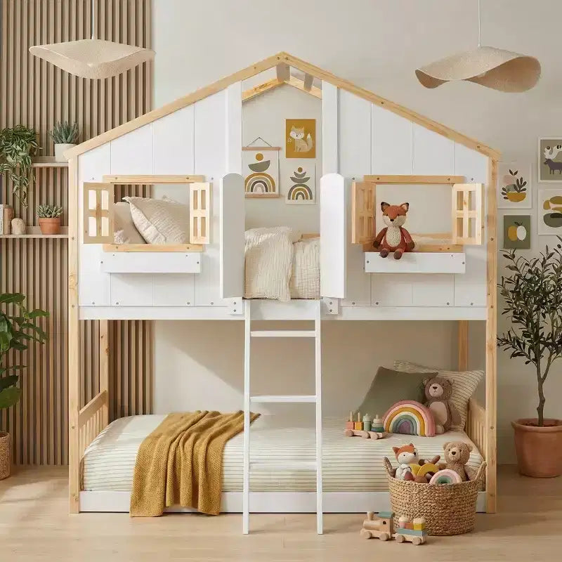 Letto a castello a casetta bianco doppio con finestre e porte, per 2 bambini