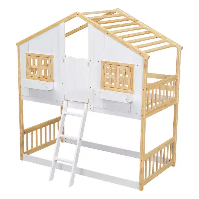 Letto a castello a casetta bianco doppio con finestre e porte, per 2 bambini