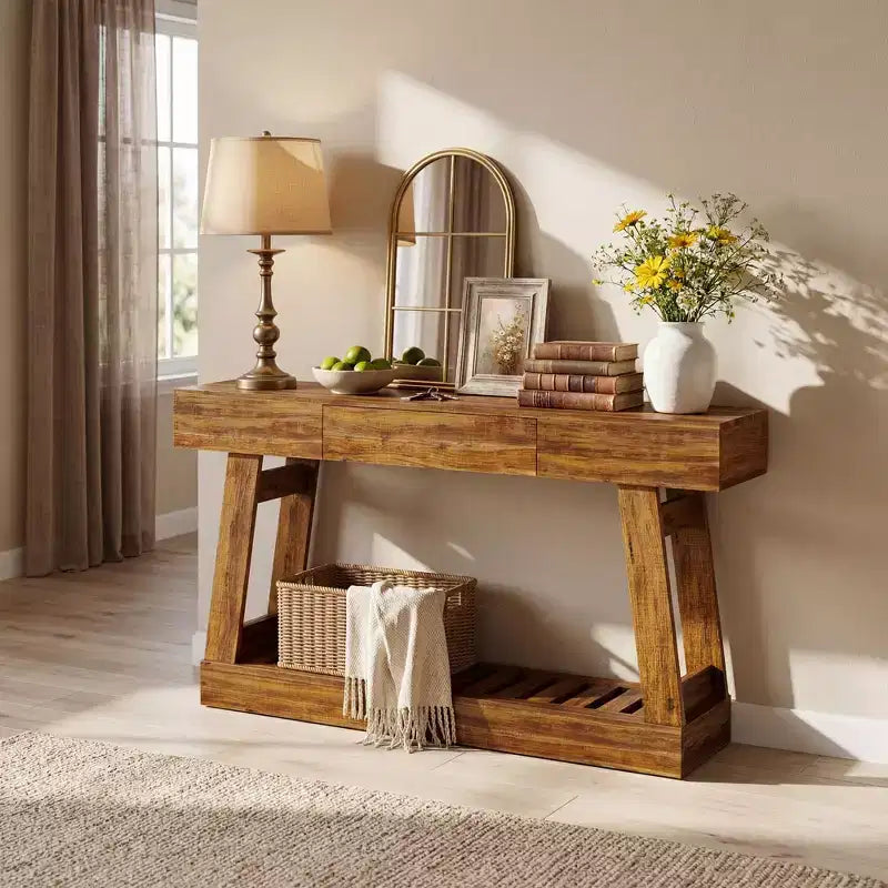 Consolle stretta in legno marrone con cassetto e ripiano, 152 cm, 1 persona