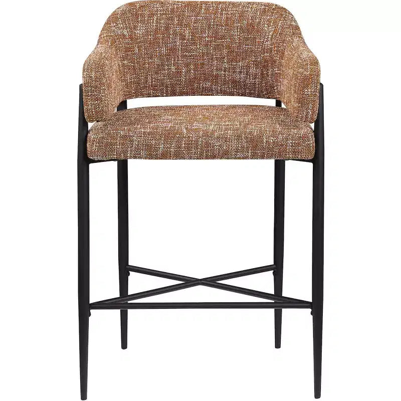 Sgabello da bancone di media altezza imbottito in tessuto beige/cognac/crema con braccioli, set da 2
