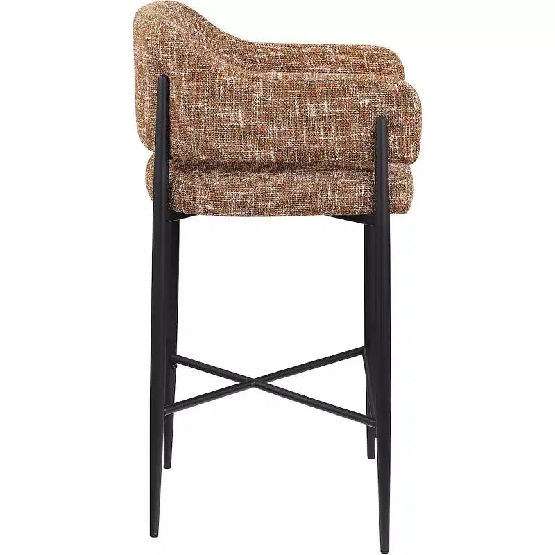 Sgabello da bancone di media altezza imbottito in tessuto beige/cognac/crema con braccioli, set da 2