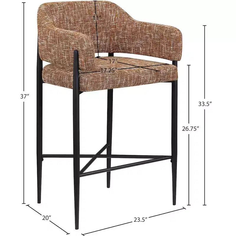 Sgabello da bancone di media altezza imbottito in tessuto beige/cognac/crema con braccioli, set da 2