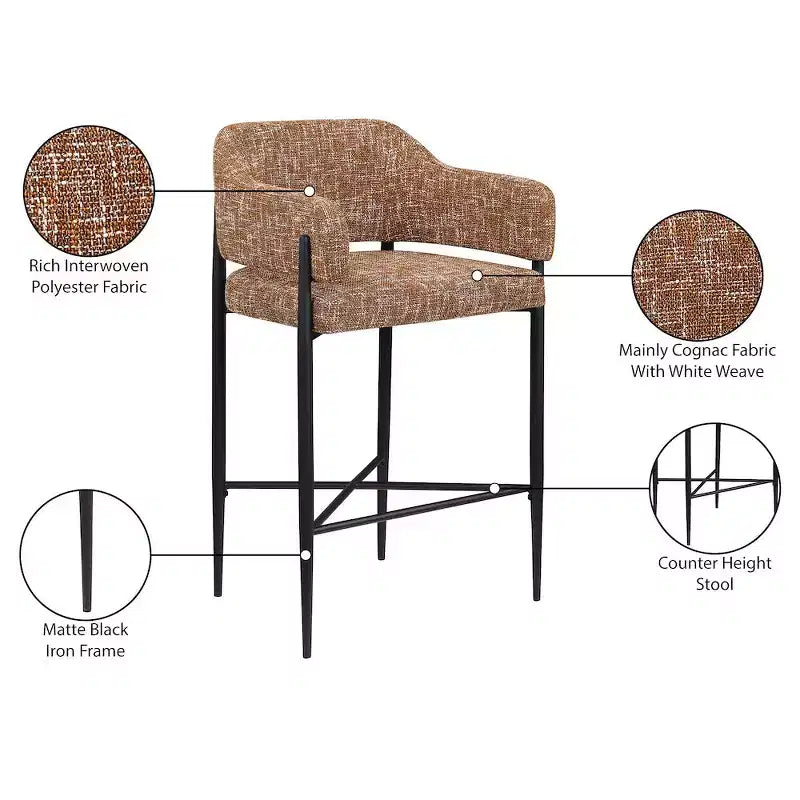 Sgabello da bancone di media altezza imbottito in tessuto beige/cognac/crema con braccioli, set da 2