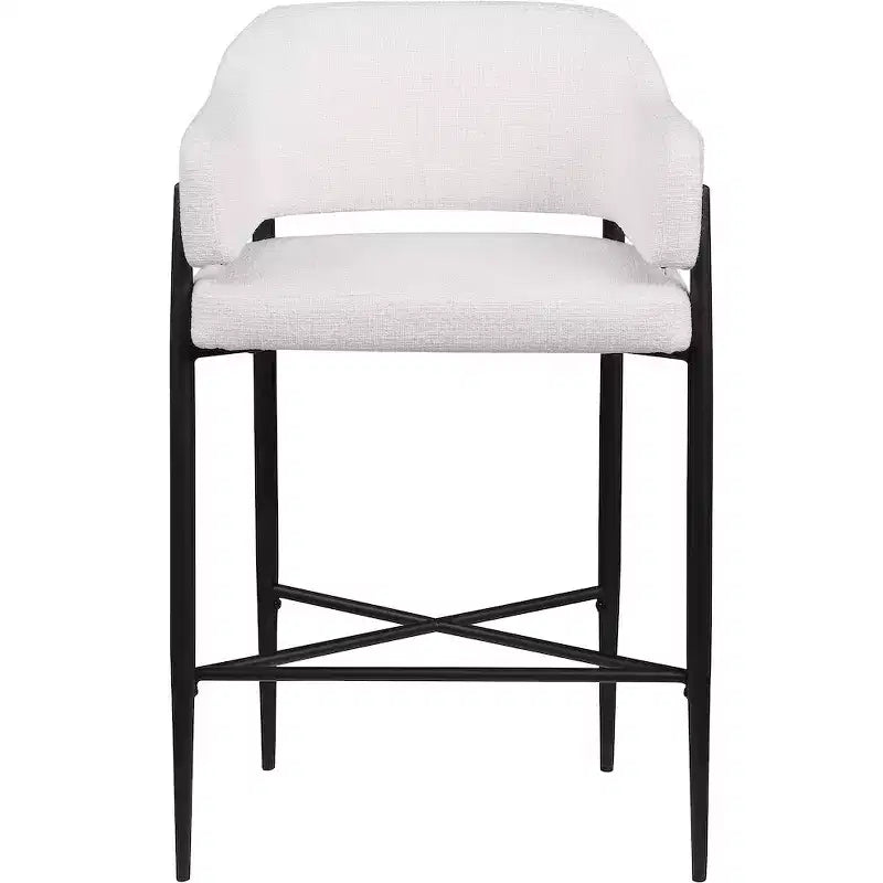 Sgabello da bancone di media altezza imbottito in tessuto beige/cognac/crema con braccioli, set da 2