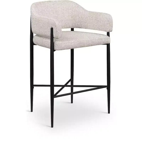 Sgabello da bancone di media altezza imbottito in tessuto beige/cognac/crema con braccioli, set da 2