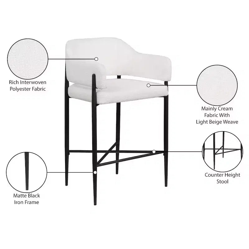 Sgabello da bancone di media altezza imbottito in tessuto beige/cognac/crema con braccioli, set da 2