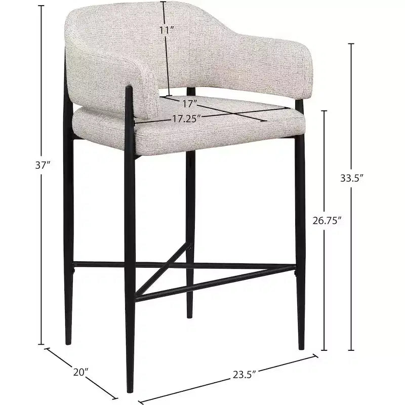 Sgabello da bancone di media altezza imbottito in tessuto beige/cognac/crema con braccioli, set da 2