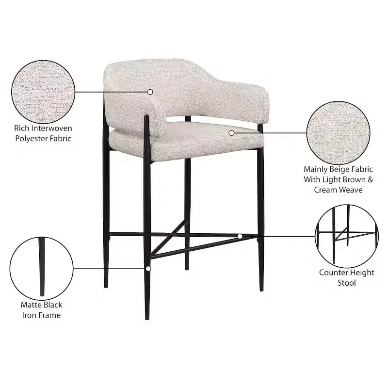 Sgabello da bancone di media altezza imbottito in tessuto beige/cognac/crema con braccioli, set da 2
