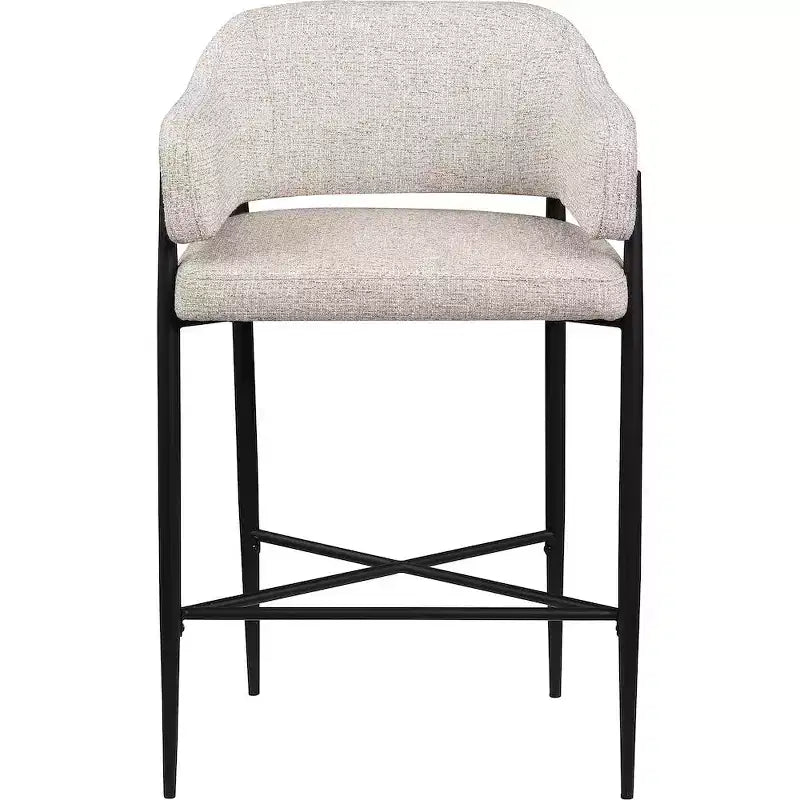 Sgabello da bancone di media altezza imbottito in tessuto beige/cognac/crema con braccioli, set da 2