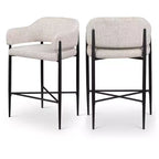 Sgabello da bancone di media altezza imbottito in tessuto beige/cognac/crema con braccioli, set da 2