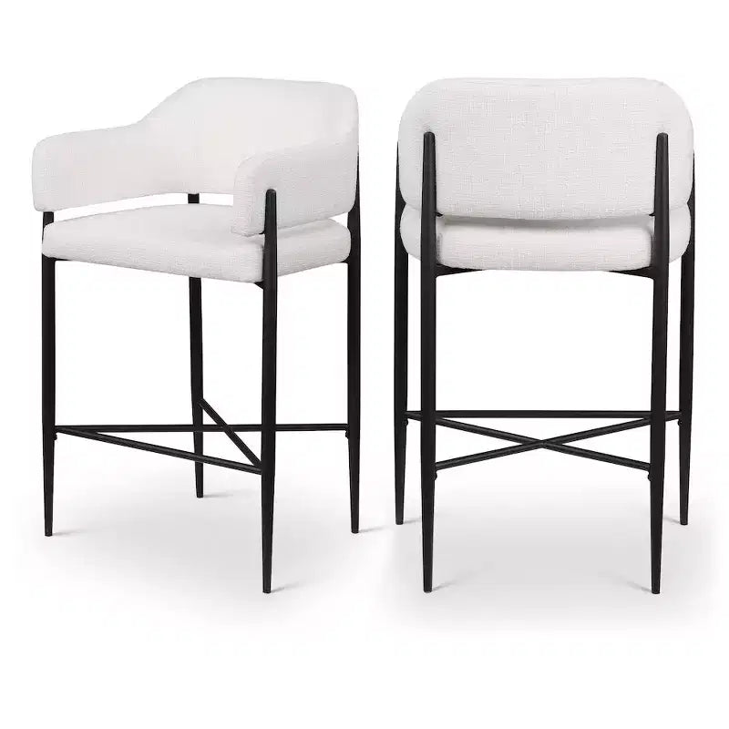 Sgabello da bancone di media altezza imbottito in tessuto beige/cognac/crema con braccioli, set da 2