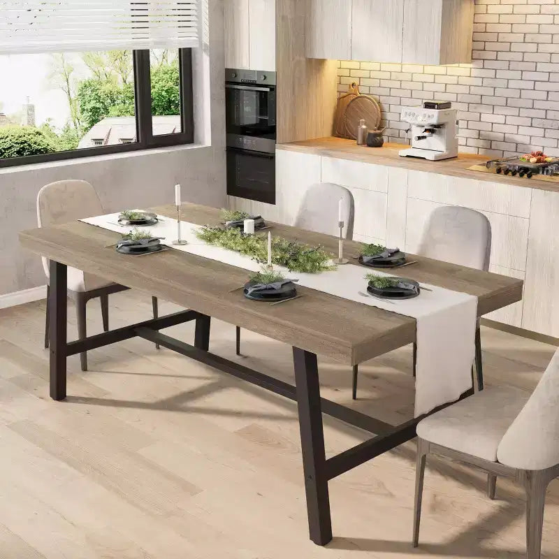 Tavolo da pranzo rettangolare industriale in noce grigio / noce / legno naturale, 6-8 posti