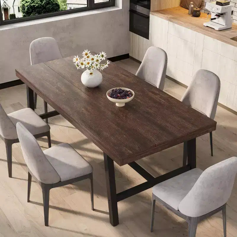 Tavolo da pranzo rettangolare industriale in noce grigio / noce / legno naturale, 6-8 posti
