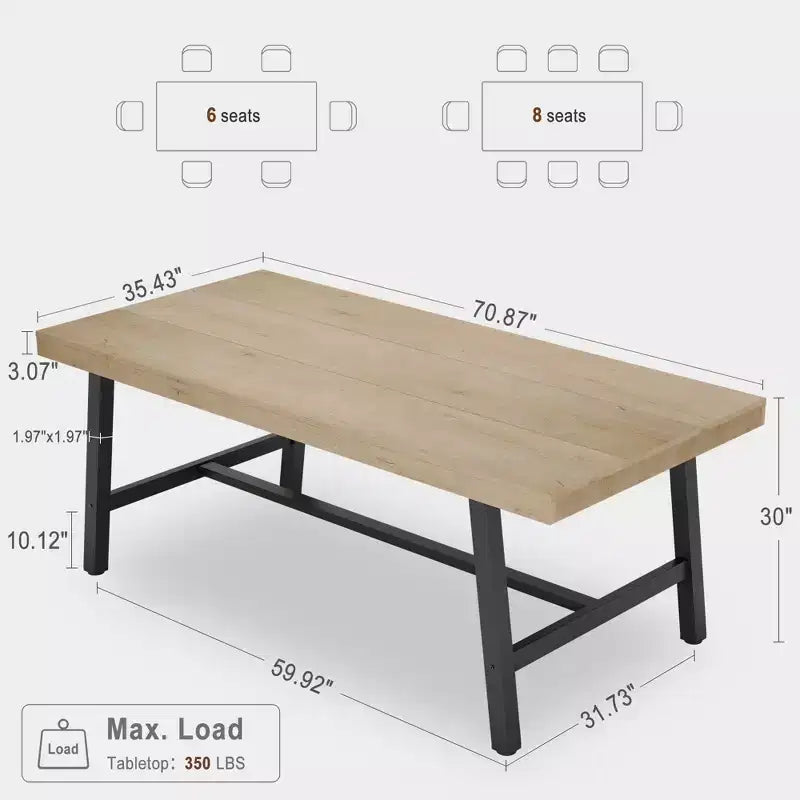Tavolo da pranzo rettangolare industriale in noce grigio / noce / legno naturale, 6-8 posti