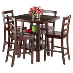 Set da pranzo a 5 pezzi in legno di noce, altezza bancone, 4 posti