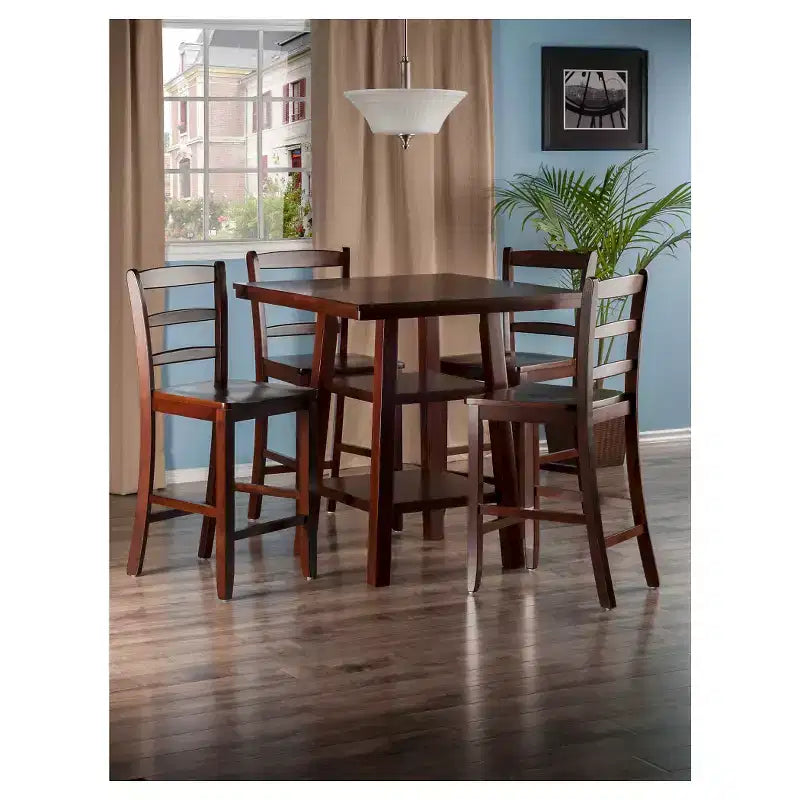 Set da pranzo a 5 pezzi in legno di noce, altezza bancone, 4 posti