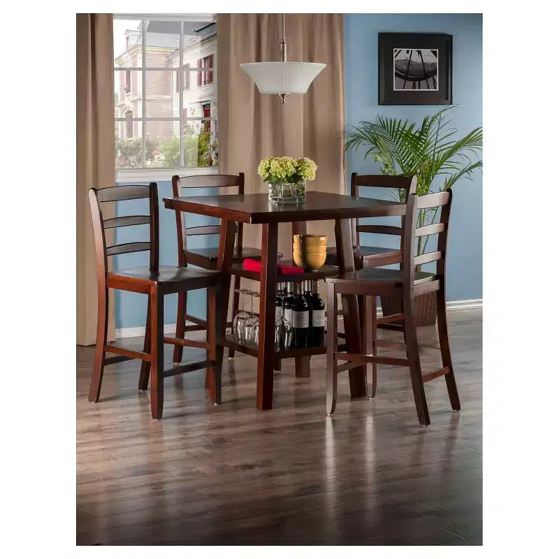 Set da pranzo a 5 pezzi in legno di noce, altezza bancone, 4 posti