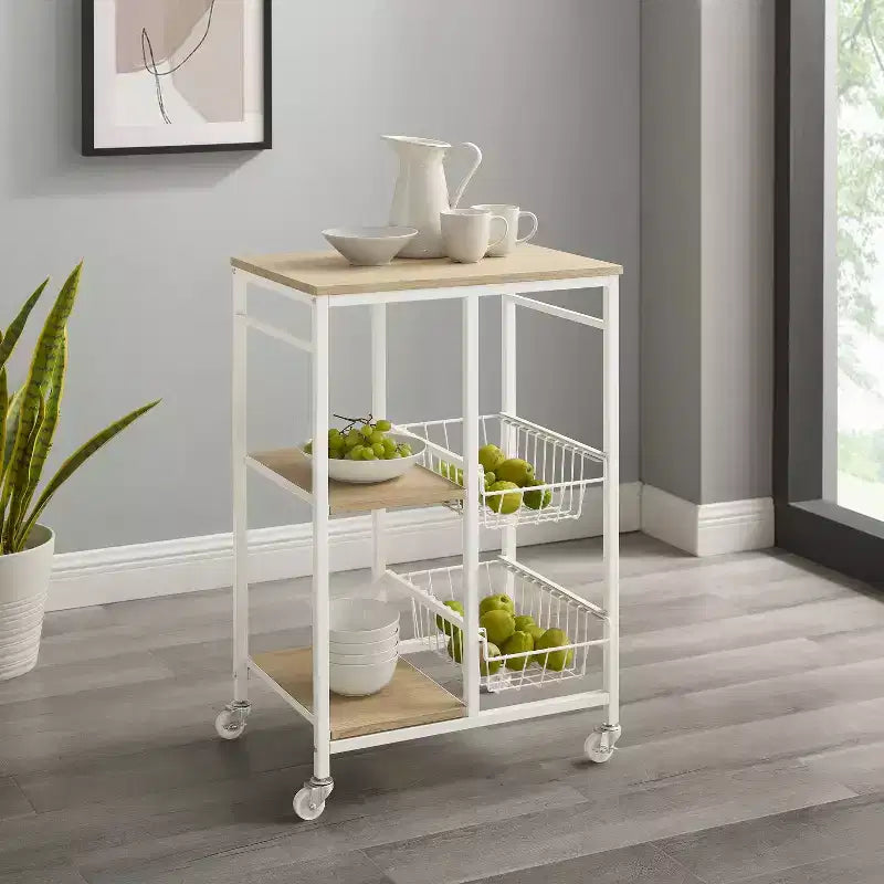 Carrello da cucina in metallo bianco con 2 cestelli e ripiani, rotelle con blocco – 1 Persona