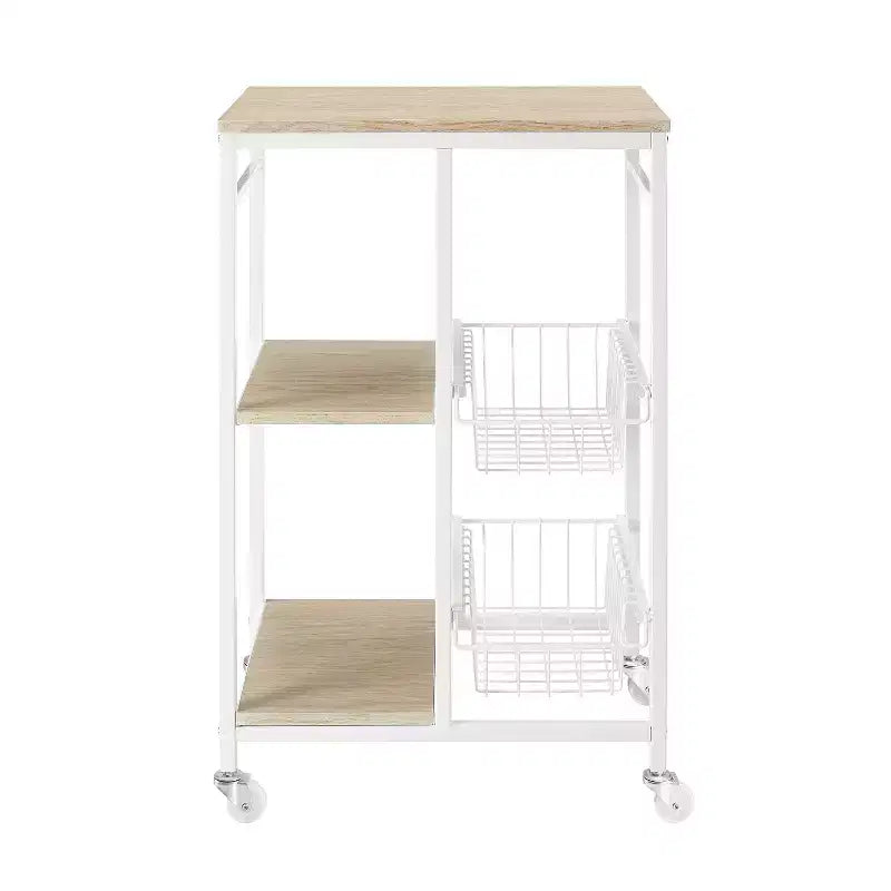 Carrello da cucina in metallo bianco con 2 cestelli e ripiani, rotelle con blocco – 1 Persona