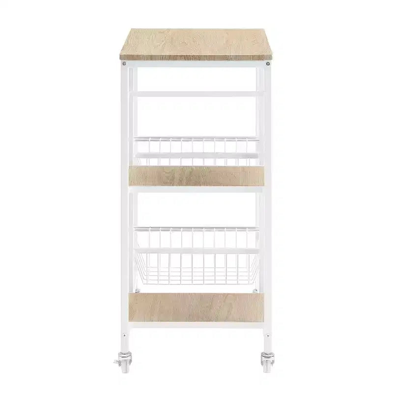 Carrello da cucina in metallo bianco con 2 cestelli e ripiani, rotelle con blocco – 1 Persona