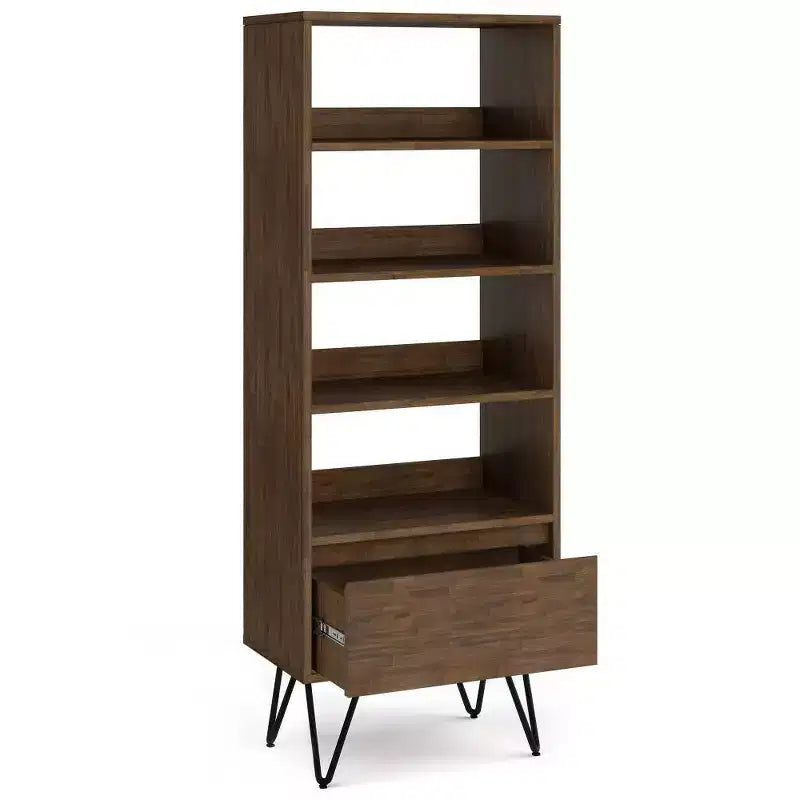Libreria alta in Marrone Rustico con Gambe a Forcina e Cassetto – Stile Industriale, Montaggio da 1 Persona