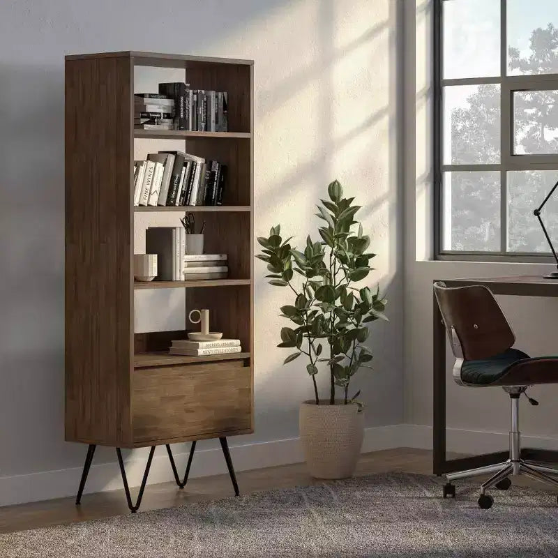 Libreria alta in Marrone Rustico con Gambe a Forcina e Cassetto – Stile Industriale, Montaggio da 1 Persona