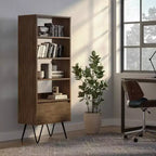 Libreria alta in Marrone Rustico con Gambe a Forcina e Cassetto – Stile Industriale, Montaggio da 1 Persona