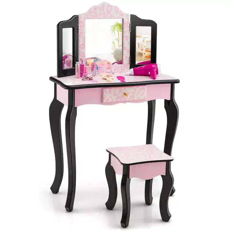 Tavolino da trucco per bambini con sgabello e specchio a tre ante, stampa leopardata rosa, 1 bambino