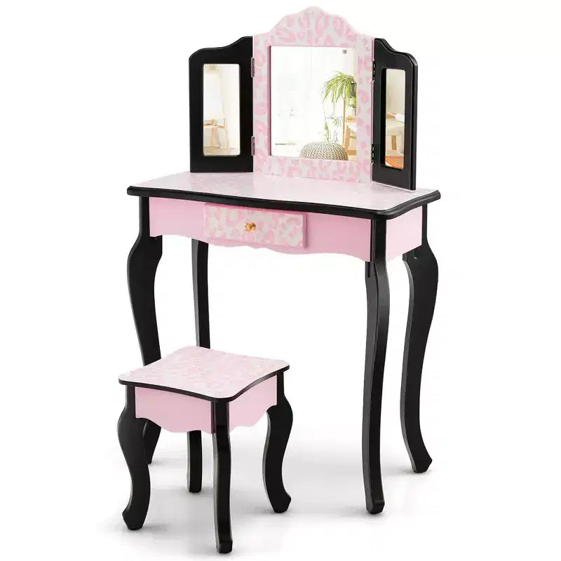 Tavolino da trucco per bambini con sgabello e specchio a tre ante, stampa leopardata rosa, 1 bambino