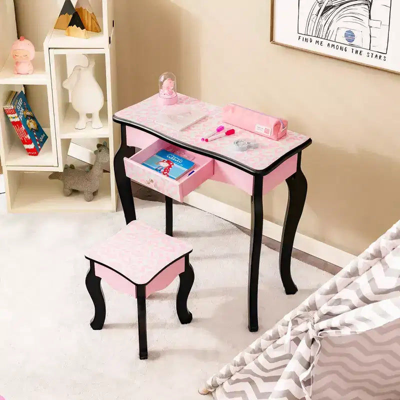Tavolino da trucco per bambini con sgabello e specchio a tre ante, stampa leopardata rosa, 1 bambino