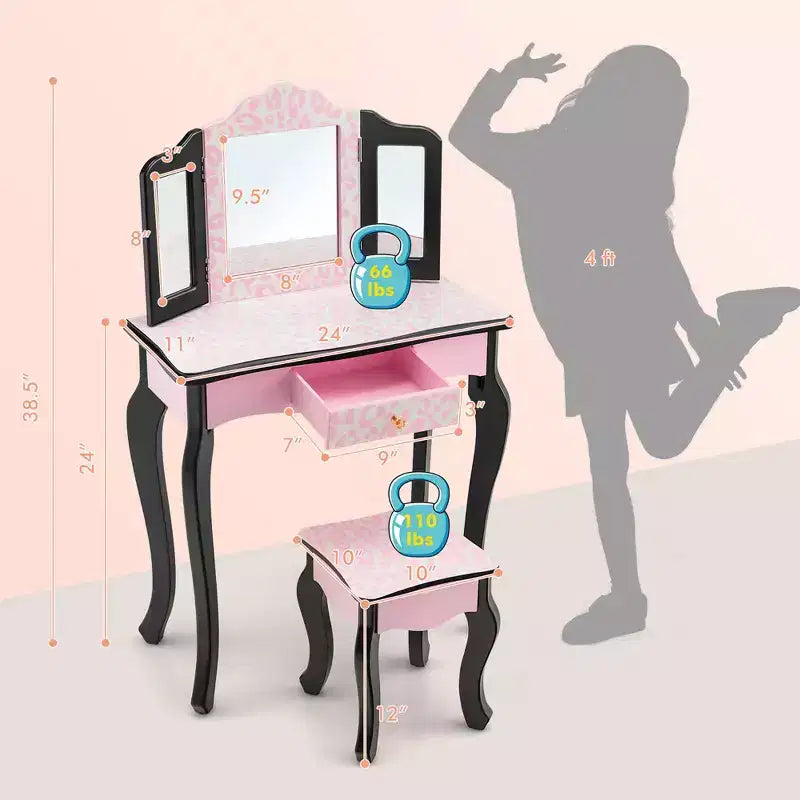 Tavolino da trucco per bambini con sgabello e specchio a tre ante, stampa leopardata rosa, 1 bambino