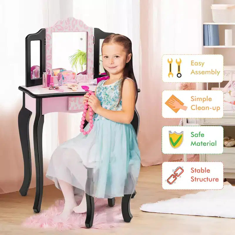 Tavolino da trucco per bambini con sgabello e specchio a tre ante, stampa leopardata rosa, 1 bambino