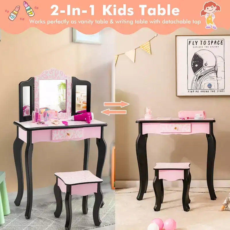 Tavolino da trucco per bambini con sgabello e specchio a tre ante, stampa leopardata rosa, 1 bambino