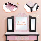 Tavolino da trucco per bambini con sgabello e specchio a tre ante, stampa leopardata rosa, 1 bambino