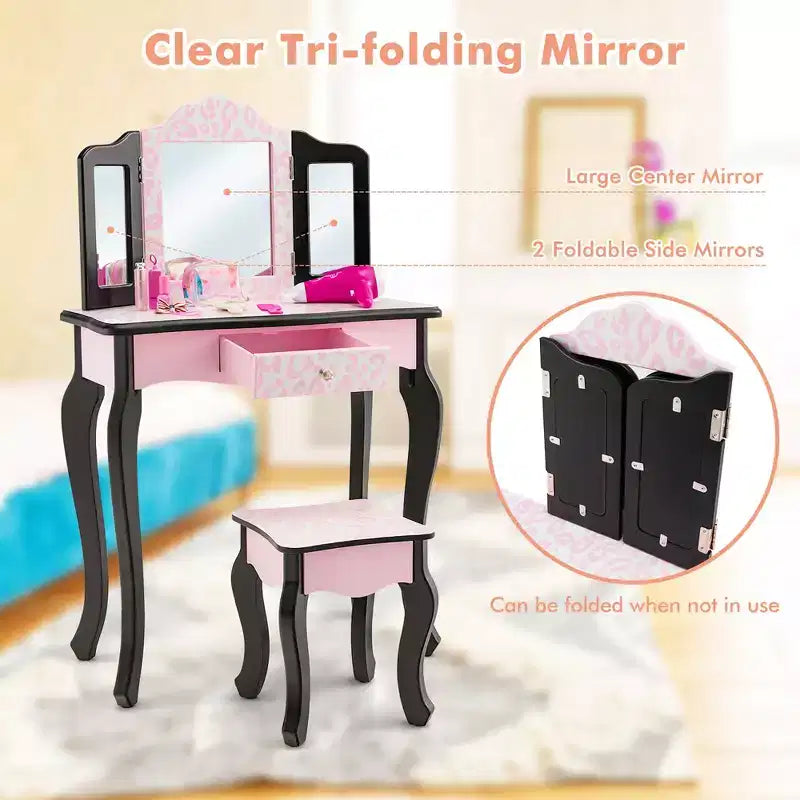 Tavolino da trucco per bambini con sgabello e specchio a tre ante, stampa leopardata rosa, 1 bambino