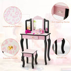 Tavolino da trucco per bambini con sgabello e specchio a tre ante, stampa leopardata rosa, 1 bambino