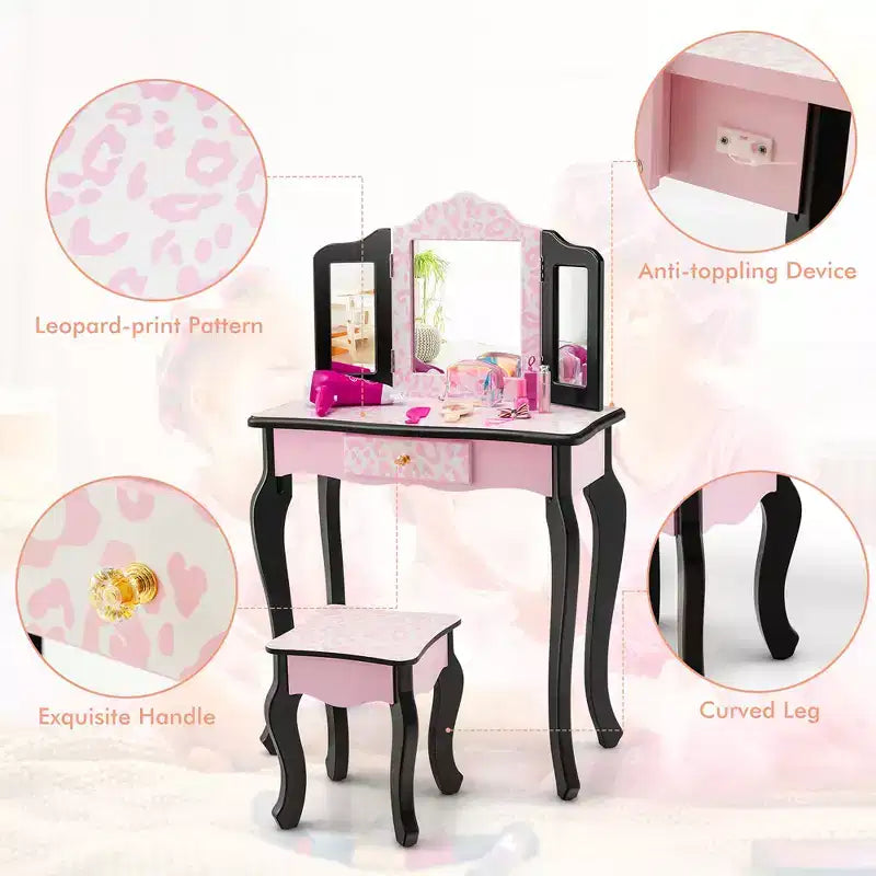 Tavolino da trucco per bambini con sgabello e specchio a tre ante, stampa leopardata rosa, 1 bambino