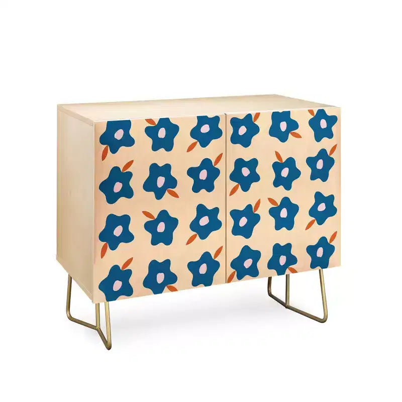 Credenza a 2 ante con fiori primaverili irregolari – Betulla/Blu/Nero e Noce/Blu/Oro