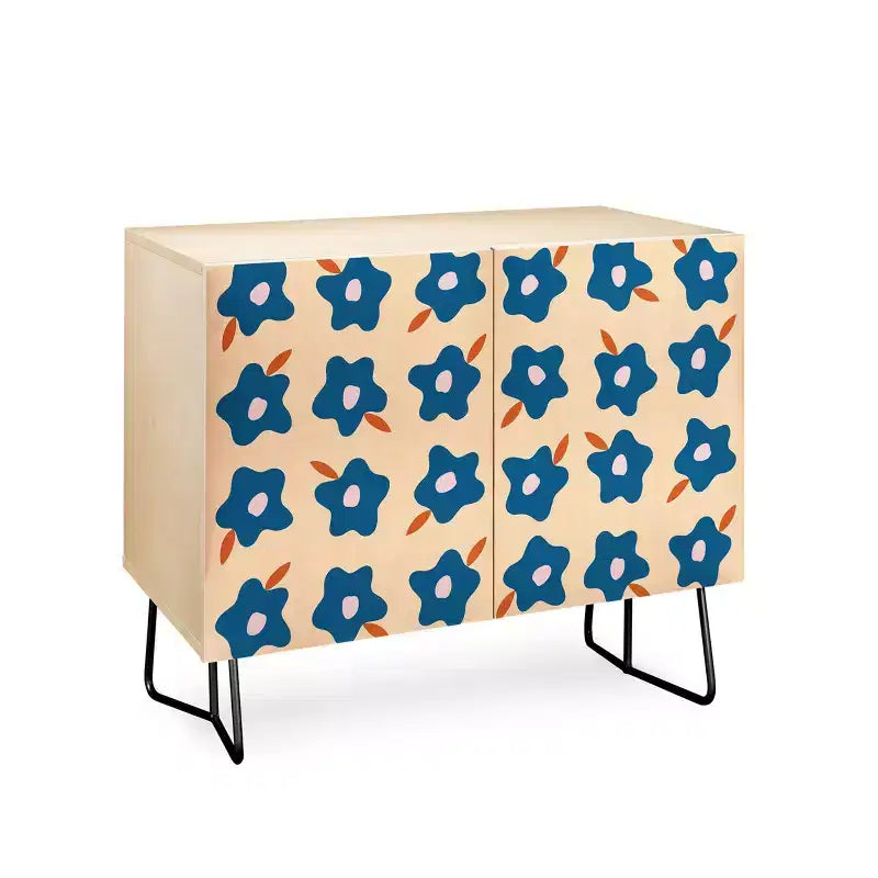 Credenza a 2 ante con fiori primaverili irregolari – Betulla/Blu/Nero e Noce/Blu/Oro