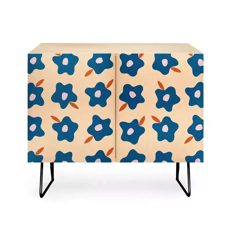 Credenza a 2 ante con fiori primaverili irregolari – Betulla/Blu/Nero e Noce/Blu/Oro
