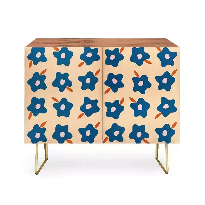 Credenza a 2 ante con fiori primaverili irregolari – Betulla/Blu/Nero e Noce/Blu/Oro