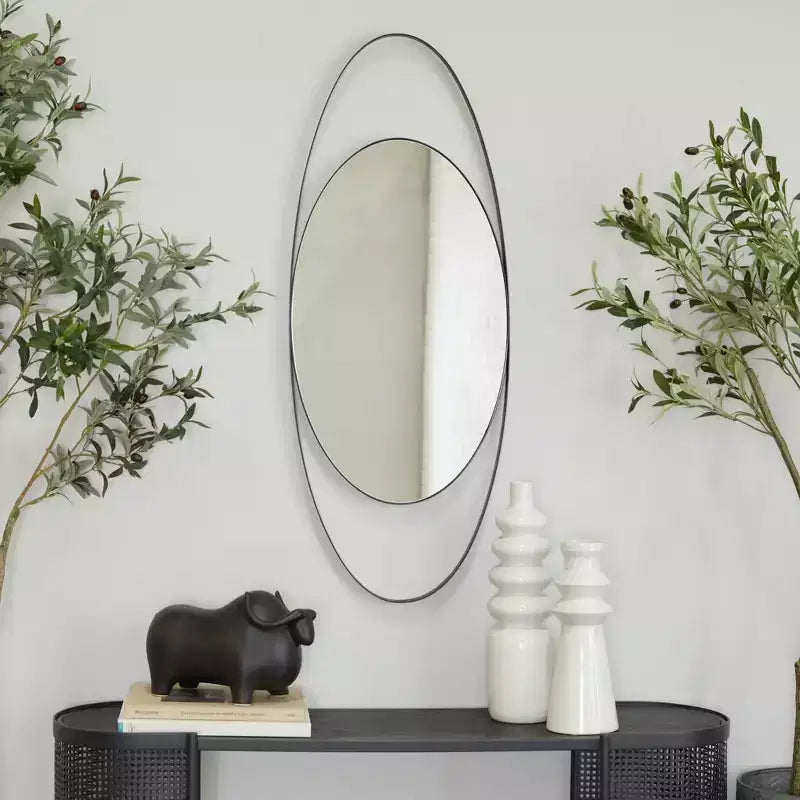 Specchio da parete ovale con cornice in legno naturale, singolo, 41,5" x 16"