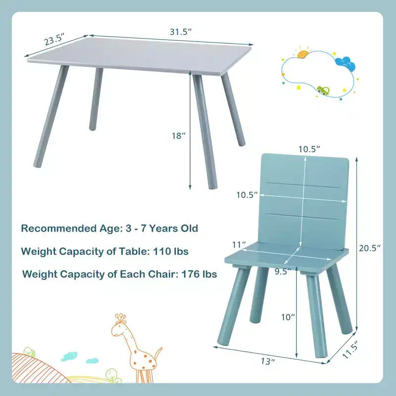 Tavolo rettangolare grigio e blu per bambini con 4 sedie, set da 5 pezzi