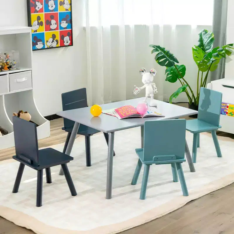Tavolo rettangolare grigio e blu per bambini con 4 sedie, set da 5 pezzi